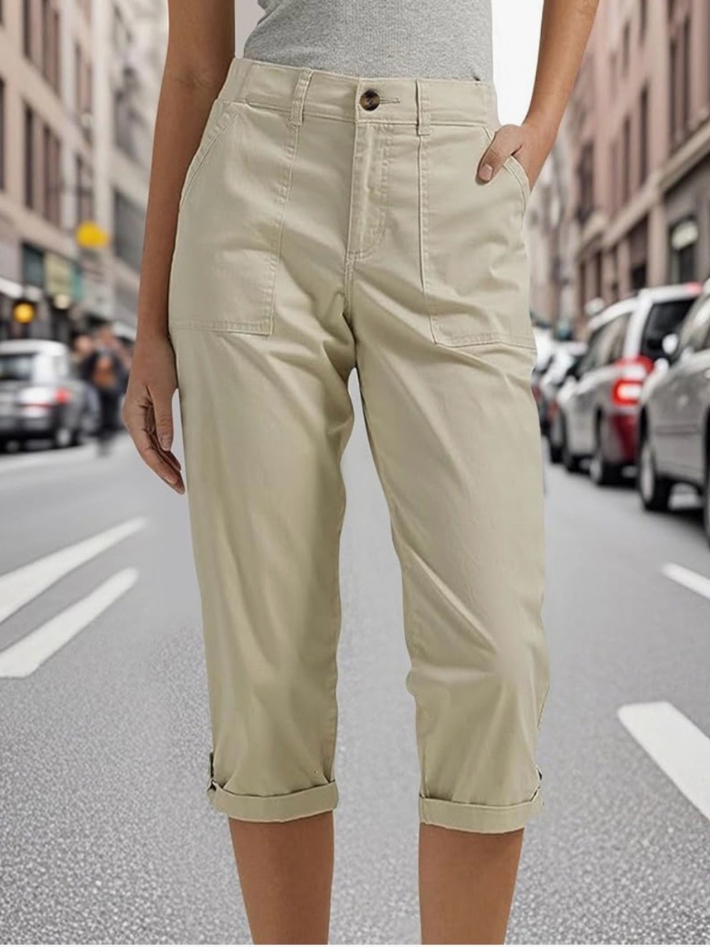 Women's High-Rise Khaki Crop Utility Capris